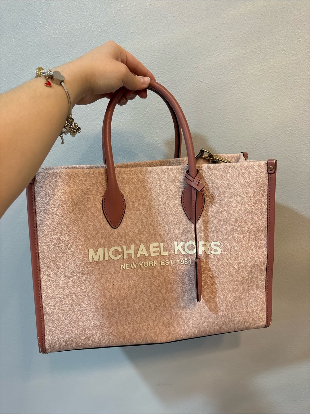 Michael Kors Pink Canvas Logo Tote with Rose Trim